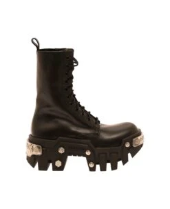 Balenciaga 'bulldozer' Black Lace-up Boots With Logo And Studs In Leather Woman