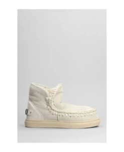 Mou Eskimo Sneaker Low Heels Ankle Boots In Beige Suede