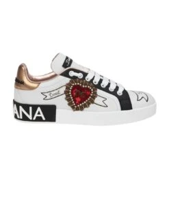 Dolce & Gabbana Portofino Sneakers In White Leather With Applications