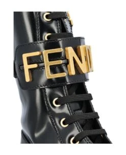 FENDI Logo Plaque Lace-up Biker Boots -Urban Shoes World 6d99872d6e8b83134cded3aac1ec44ce
