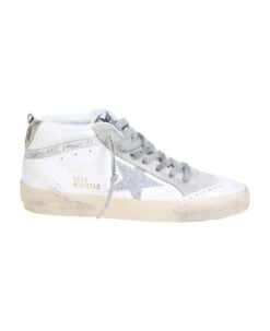 Golden Goose Mid Star Sneakers In White Leather With Crystal Star