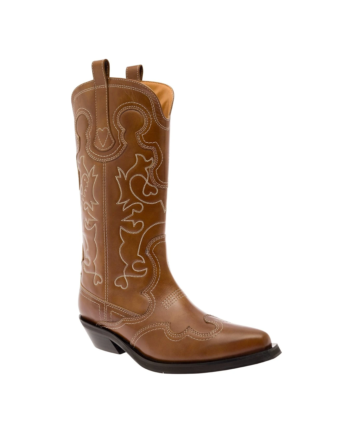 Ganni Brown Western Boots With All-over Embroidery In Leather Woman 2 Ganni Brown Western Boots With All-over Embroidery In Leather Woman - Image 2