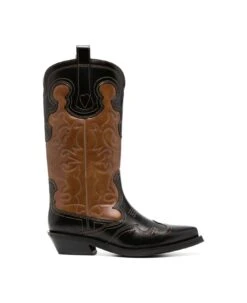 Ganni Mid Shaft Embroidered Western Boot Bicol Blck