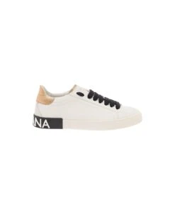 Dolce & Gabbana 'new Portofino' White Low Top Sneakers With Metallic Heel Tab And Logo Patch In Leather Woman