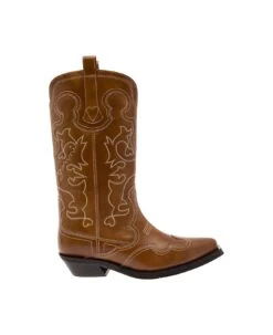 Ganni Brown Western Boots With All-over Embroidery In Leather Woman