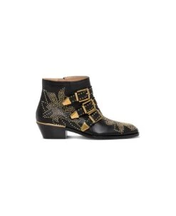 Chloé Woman's Susanna Black Leather Ankle Boots With Studs Detail