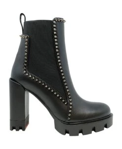 Christian Louboutin Black Leather Out Line Spike Lug Ankle Boots