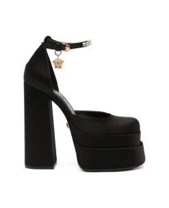 Versace 'aevitas' Black Pumps With Medusa Charm And Platform In Silk Blend Woman