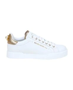 Dolce & Gabbana Portofino Sneakers In White Leather With Logo Pearl