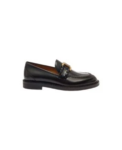 Chloé 'marcie' Black Loafers With Gold-colored Metal Logo In Smooth Leather Woman